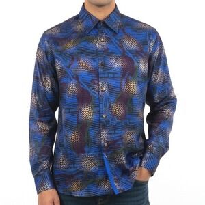 Pronti Collection Mens XXL Shirt Blue Tiger Stripe Equestrian Card Suits Buttons